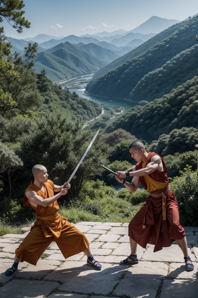 two wushu monks, fighting with sword and spears, with a chinese palace and forest in the background