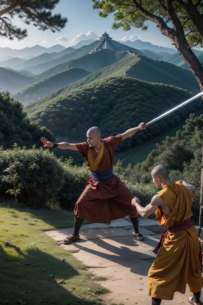 two wushu monks, fighting with sword and spears, with a chinese palace and forest in the background