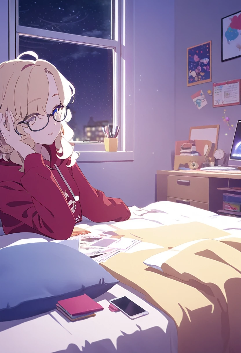 1girl, solo, girl bedroom, pc, night sky, window, yellow hair, wavy hair, glasses, blonde hair, red hoodie,