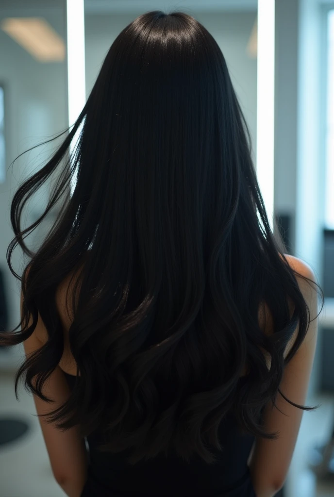high quality, Live Recording, Japanese, Black Hair, shining, Beauty Salon, Constant light, Hair only swaying, Hair blowing in the wind, Rear view, silver color background, Hair only