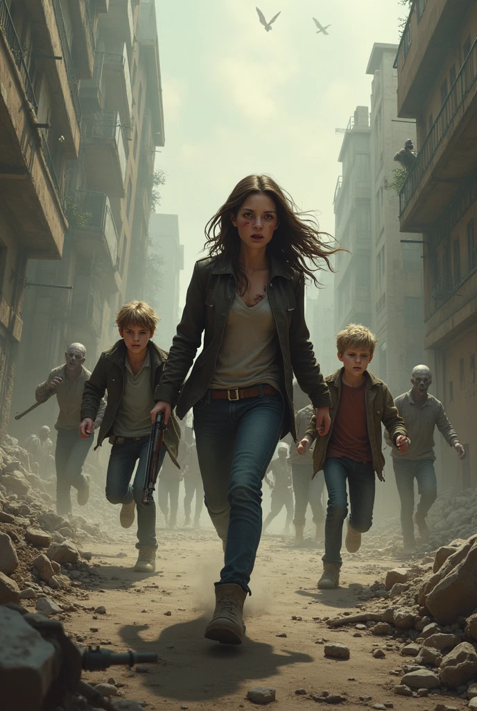 créer un univers apocalypyique avec une jeune femme brune blessé qu'on voie de loin avec un garçon brun et un garçon blond poursuivie une arme a la main par des zombies derrière eux