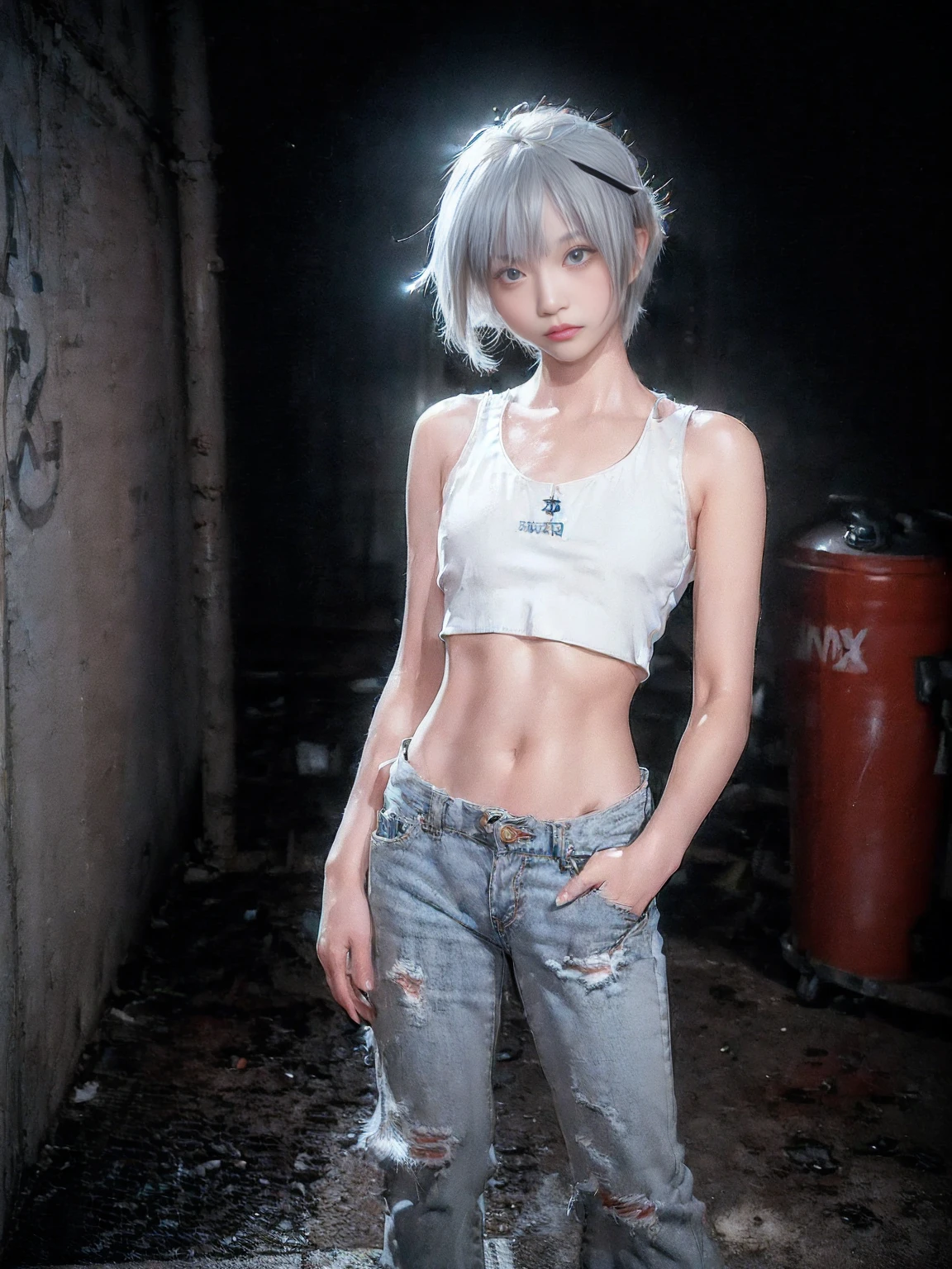 RAW Photos, 8k, (Highest quality), Realistic, (live-action, Intricate details), (Natural skin texture, Detailed skin, Hyperrealism, Sharpness), (Japanese  girl standing in a dirty back alley at night, graffitied wall:1.3, Put your hands in your pockets), ((White tight tank top, Distressed denim pants, Low-rise buggy pants)), (((Flat Chest:1.5))) , (Pale skin), ((Gray Hair, short hair, Short bangs)), (Fascinating face, Lips parted:1.3), thigh, graffiti:1.5, trash can, at night, Spot lighting:1.3, Full Body Shot