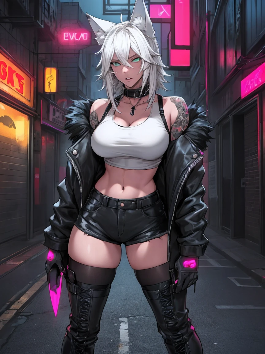 Single girl, Anime tomboy, Short, Long white hair, wolf ears, wolf tail, green eyes, thigh high fishnets, black combat boots, wearing fur lined open jacket, short jacket, nude, solo tomboy, only one female ((big breasts)) solo, alone, (SOLO)(ALONE) thicc thighs, wide hips, blue eyes, perfect eyes, perfect face, full lips,white shirt, midriff, black cutoff shorts, perfect detailed face, (prostitution), (((prostitute))), standing, (redlight district), neon lights, bilboards, outside a brothel, cleavage, presenting ass,