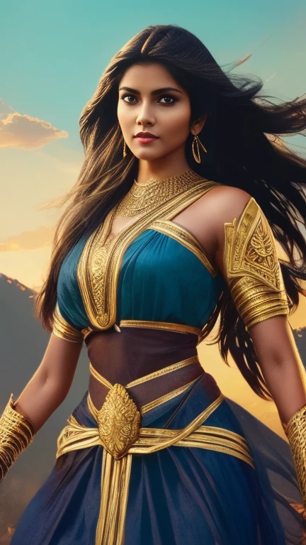 A beautiful Indian woman superhero, long dark hair, piercing eyes, high cheekbones, detailed facial features, intricate body armor with gold accents, holding a golden lasso, flying through the sky, dramatic lighting, cinematic composition, vibrant colors, epic fantasy, concept art style