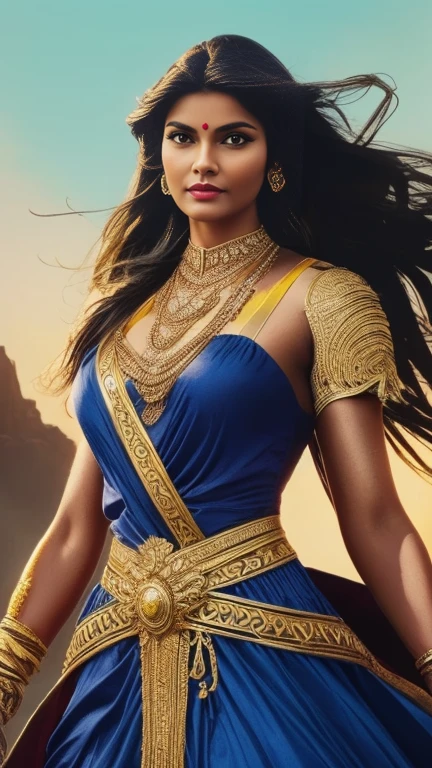 A beautiful Indian woman superhero, long dark hair, piercing eyes, high cheekbones, detailed facial features, intricate body armor with gold accents, holding a golden lasso, flying through the sky, dramatic lighting, cinematic composition, vibrant colors, epic fantasy, concept art style