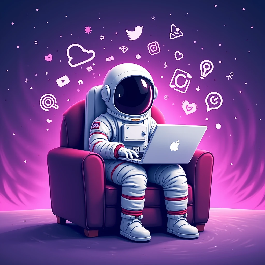 little human influencer avatar astronaut is shown working on a laptop sitting in a couch in a galaxy surrounded by social media icons and speaker doodles, representing a social media influencer, with a purple gradient galaxy.