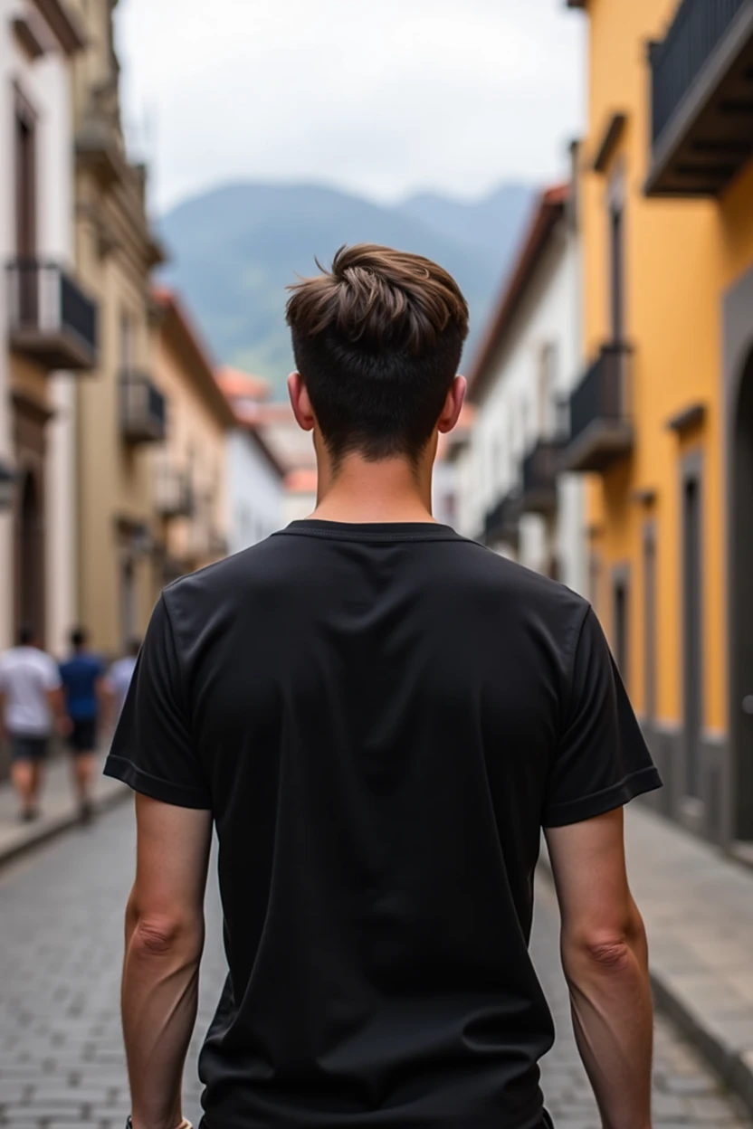 Young man with black t-shirt from behind in the historic center of Cuenca, Ecuador