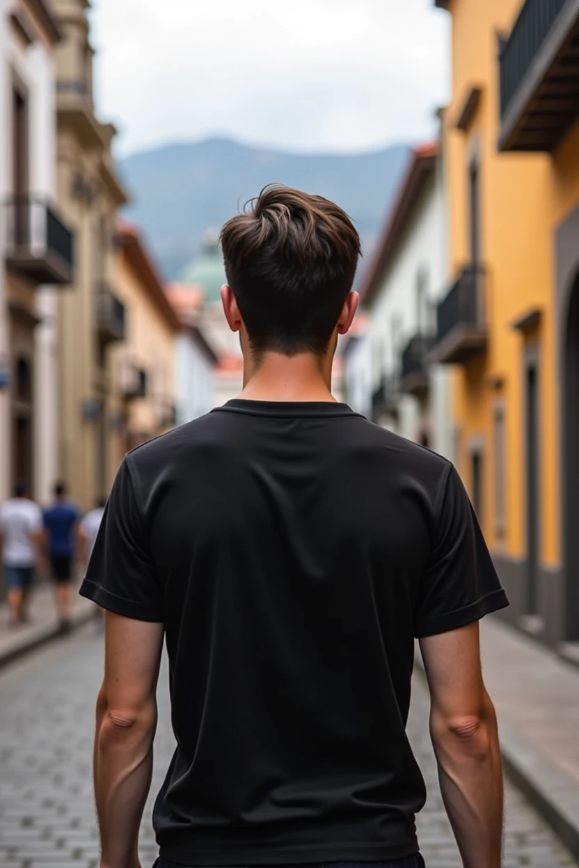 Young man with black t-shirt from behind in the historic center of Cuenca, Ecuador