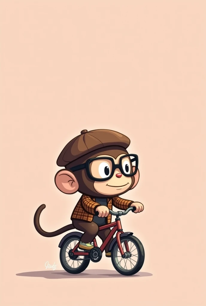 Monkey riding a bike but as if it were drawn on a bike with a super light pink background and a brown plaid jacket,with black glasses,looking to the right totally looks like chibi with beret, without pants (The monkey is a child) blurred image
