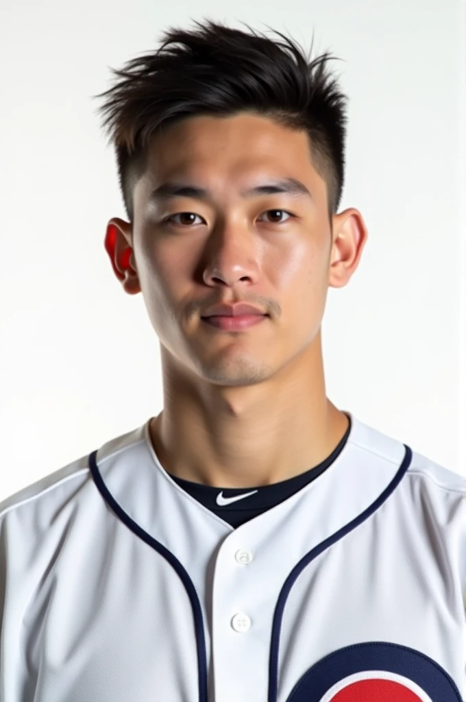 white male, around 19, white background, wearing baseball uniform, formal picture shoulder to head. photorealistic 