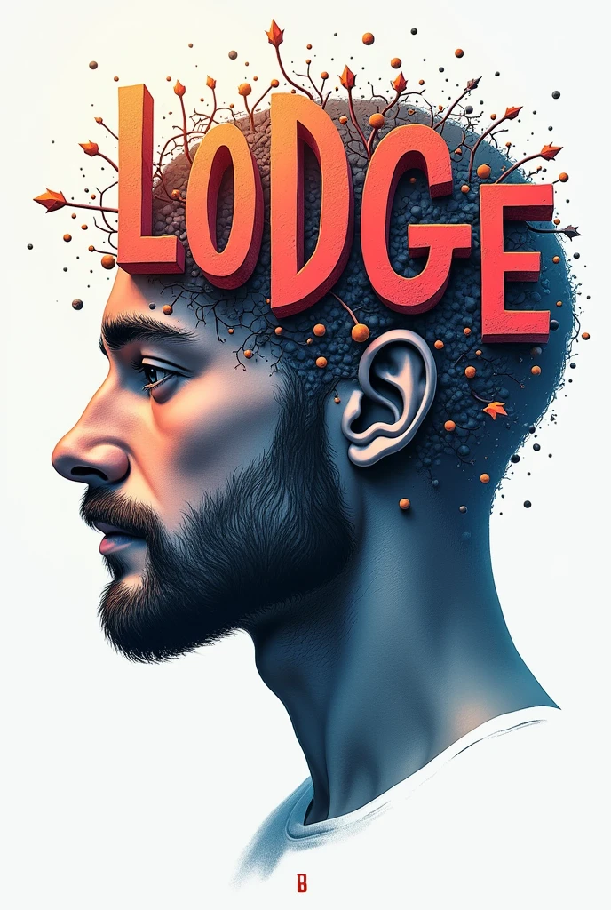 Poster of a man's face with typographic illustrations, engrenagens e elementos que simbolizam a neuroLODGE, Create brain shapes with 3d text "LODGE" In Portuguese, side view of face shape,