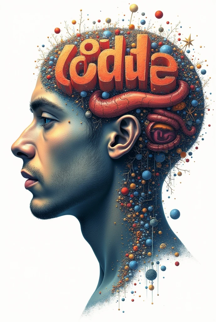 Poster of a man's face with typographic illustrations, engrenagens e elementos que simbolizam a neuroLODGE, Create brain shapes with 3d text "LODGE" In Portuguese, side view of face shape, 