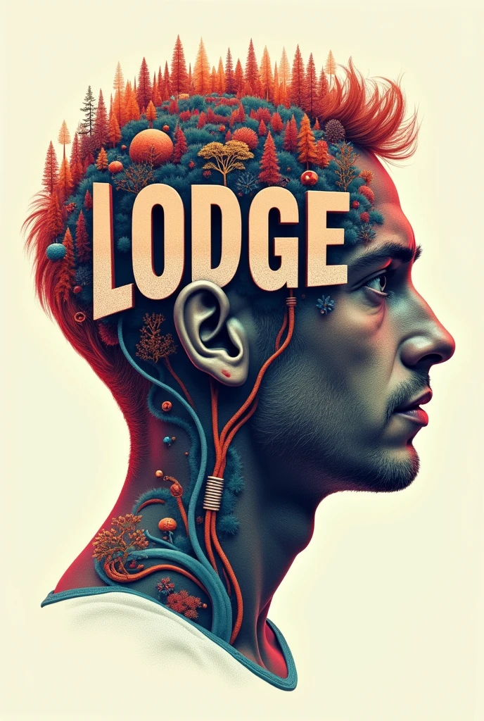 Poster of a man's face with typographic illustrations, engrenagens e elementos que simbolizam a neuroLODGE, Create brain shapes with 3d text "LODGE" In Portuguese, side view of face shape,