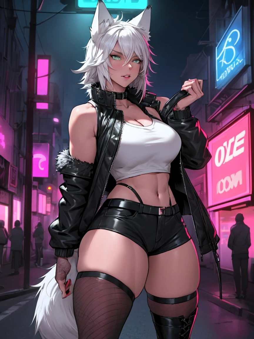 Single girl, Anime tomboy, Short, Long white hair, wolf ears, wolf tail, green eyes, thigh high fishnets, black combat boots, wearing fur lined open jacket, short jacket, nude, solo tomboy, only one female ((big breasts)) solo, alone, (SOLO)(ALONE) thicc thighs, wide hips, blue eyes, perfect eyes, perfect face, full lips,white shirt, midriff, black cutoff shorts, perfect detailed face, (prostitution), (((prostitute))), standing, (redlight district), neon lights, bilboards, outside a brothel, cleavage, breast squish, presenting breasts,