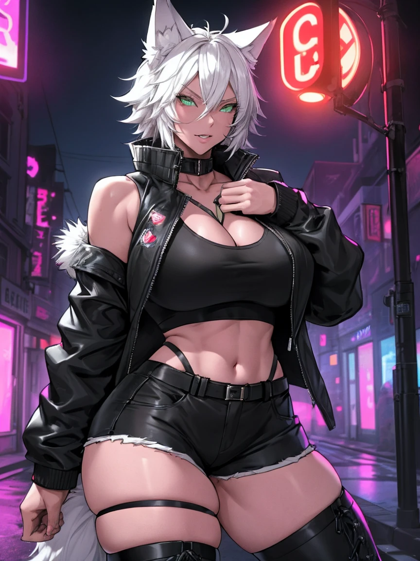 Single girl, Anime tomboy, Short, Long white hair, wolf ears, wolf tail, green eyes, thigh high fishnets, black combat boots, wearing fur lined open jacket, short jacket, nude, solo tomboy, only one female ((big breasts)) solo, alone, (SOLO)(ALONE) thicc thighs, wide hips, blue eyes, perfect eyes, perfect face, full lips,white shirt, midriff, black cutoff shorts, perfect detailed face, (prostitution), (((prostitute))), standing, (redlight district), neon lights, bilboards, outside a brothel, cleavage, breast squish, presenting breasts,