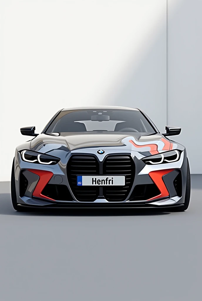Create a BMW1 with a black, gray, and white wavy pattern and a bright paint job., 
The license plate says "Henfri"