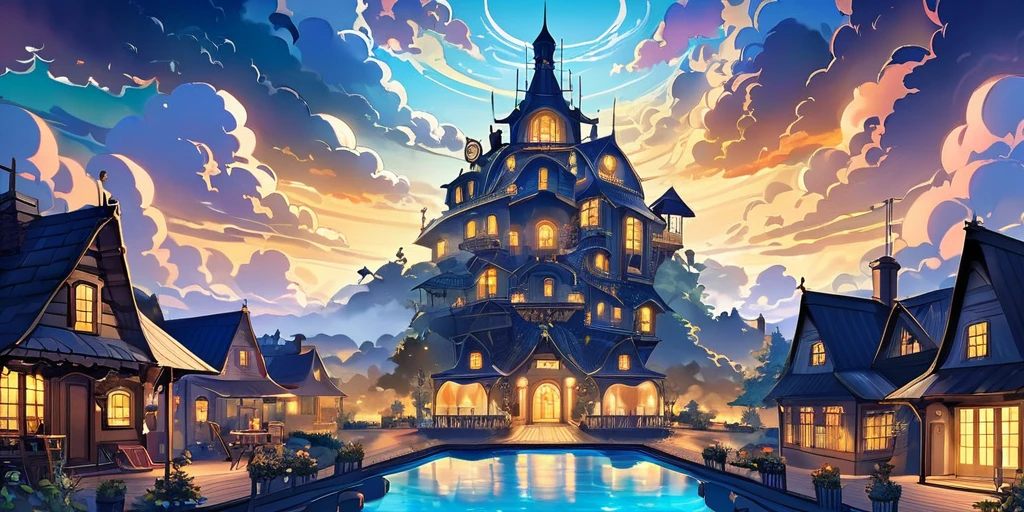 Draw a lofi anime poster style village Steam punk dans les nuages, décoration de fée, cascade lumière, dans les nuage, nuages, la nuit, belle palette de couleurs bleu noir, couleurs saturées vibrantes, œuvre d'art, Aucun humain, thème étoilée foncé
