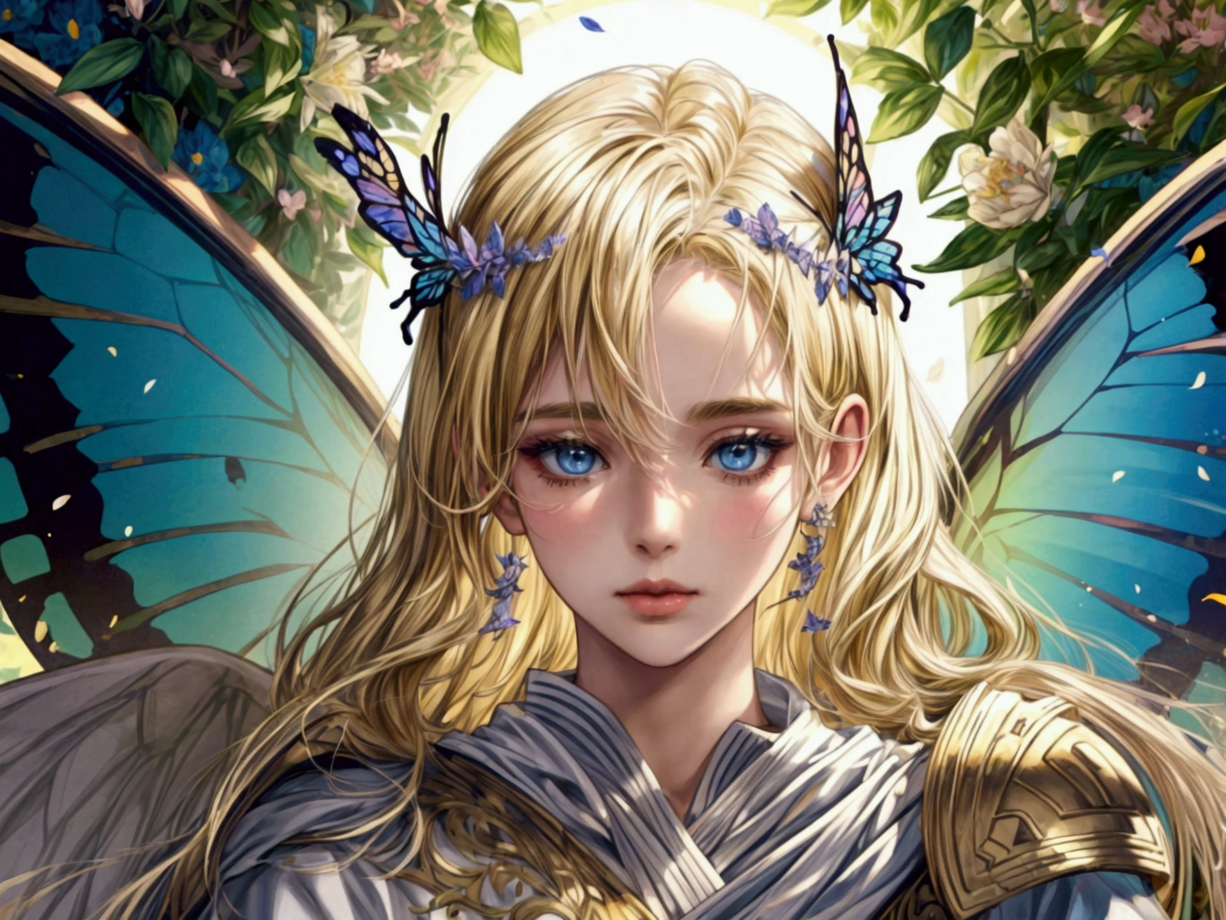 ((best qualityer)), ((work of art)), ((cinematic)), (detailded), blonde Greek princess, wearing an ancient Greek cloak, butterfly wings, , surrounded by flowers, She has a serene look on her face., rosto super detailded
