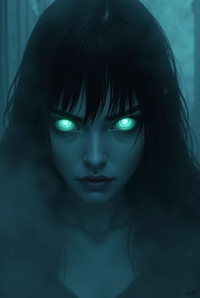 fantasy comic art ((a female vampire's pair of glowing eyes shines)) close up picture, (((the fog hides the face))), you see only the glowing eyes , you see only the pair of eyes, fantasy dark alley background, the fog fills the alley, you see only the glowing eyes