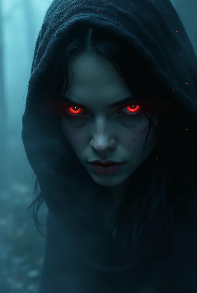 fantasy comic art ((a female vampire's pair of glowing eyes shines)) close up picture, (((the fog hides the face))), you see only the glowing eyes , you see only the pair of eyes, fantasy dark alley background, the fog fills the alley, you see only the glowing eyes 