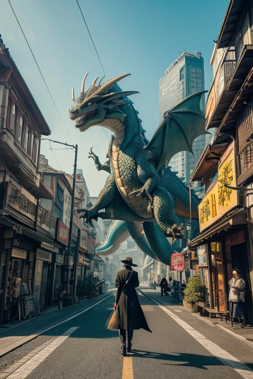 (masterpiece, figure, Highest quality:1.2), detailed, Complex, 8k, High resolution, Cinema Lighting, Sharp focus, photograph, , (Dragon, Dragon holding broom, holding broom, Dragon sweeping road with broom:1.2), broom, Multiple Wings, , detailed background, road, (Cyberpunk City:1.2), car, people々, national, 通行people, Peaceful life,