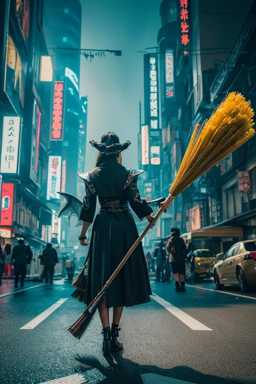 (masterpiece, figure, Highest quality:1.2), detailed, Complex, 8k, High resolution, Cinema Lighting, Sharp focus, photograph, , (Dragon, Dragon holding broom, holding broom, Dragon sweeping road with broom:1.2), broom, Multiple Wings, , detailed background, road, (Cyberpunk City:1.2), car, people々, national, 通行people, Peaceful life,