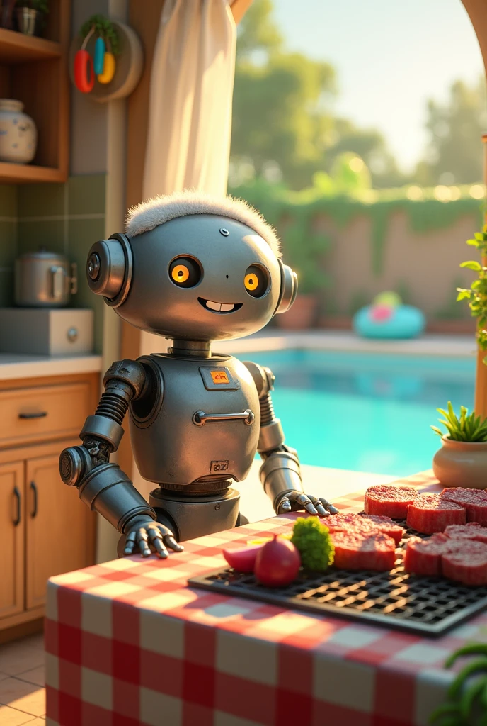 A gray iron robot, smiling, fluffly, in an open kitchen, with a wooden table with a red and green checkered tablecloth, with meat grilling on the barbecue, beets, broccoli, bean, in the background a swimming pool with floats and the bright sun