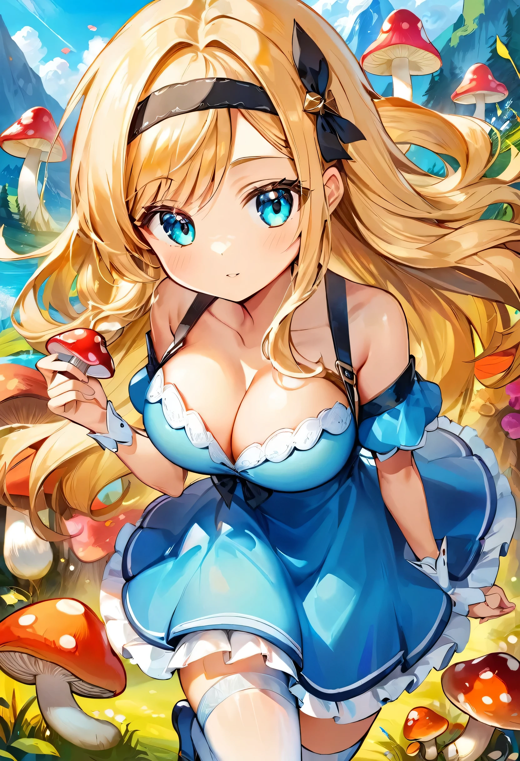 a beautiful 20 year old blonde Kate Bloom with big messy hair in a blue dress, white stockings, black headband, cleavage, holding a glowing mushroom, fantasy art style, rossdraws cartoon vibrant, cute detailed digital art, colorfull digital fantasy art, digital fantasy art ), glossy digital painting, rossdraws pastel vibrant, rossdraws 2. 5, rossdraws 1. 0