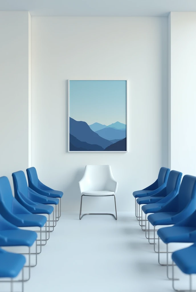 Blue hiring chair in one row. One white chair in middle with white line landscape picture
