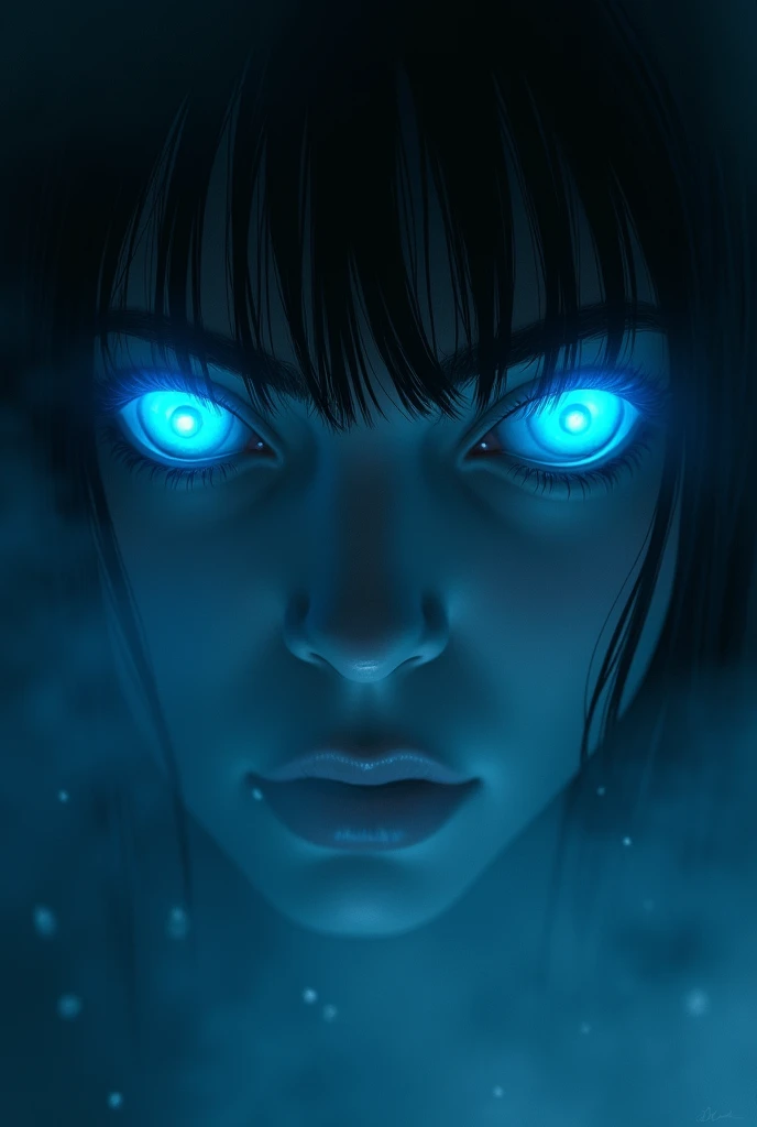 fantasy comic art ((a female vampire's pair of glowing blue eyes shines)) close up picture, (((the fog hides the face))), you see only the glowing eyes , you see only the pair of eyes, fantasy dark alley background, the fog fills the alley, you see only the glowing eyes 