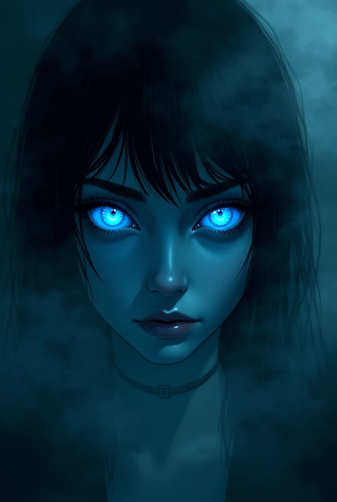 fantasy comic art ((a female vampire's pair of glowing blue eyes shines)) close up picture, (((the fog hides the face))), you see only the glowing eyes , you see only the pair of eyes, fantasy dark alley background, the fog fills the alley, you see only the glowing eyes