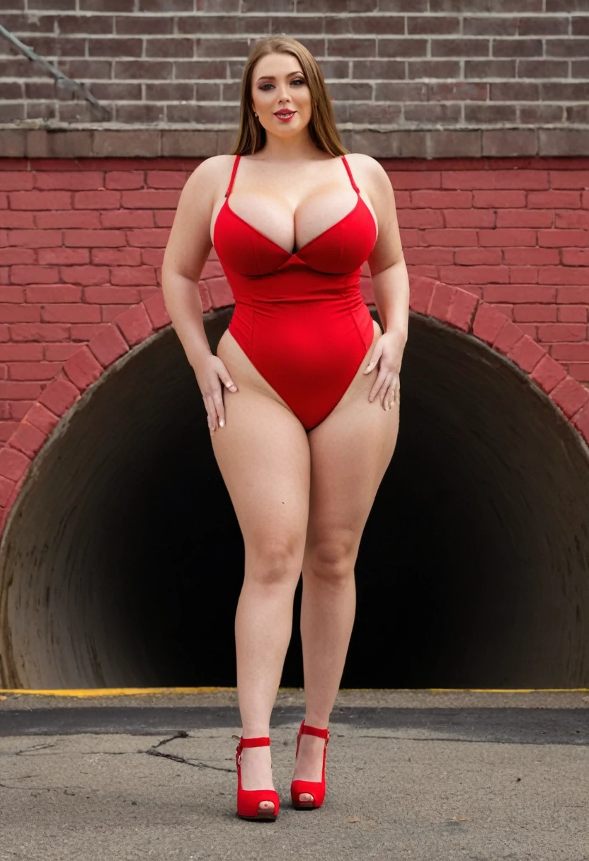 Full body shot of Anette O'Toole as with very large breasts in a skimpy sexy outfit with red high heel shoes. Standing outside the Barrens sewer entrance in Derry Maine