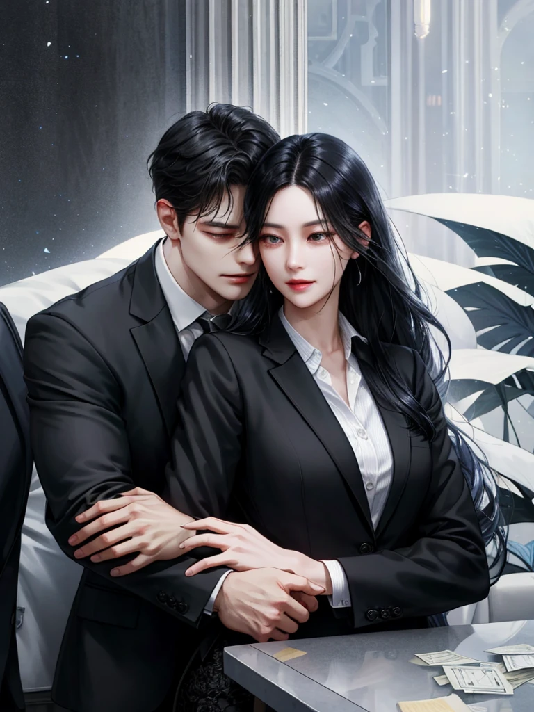 best quality，outstanding，A couple hugging together，The man hugged the woman from behind。Woman with long black hair，cry。Man with short black hair wearing suit，Poker face。Overbearing CEO，Novel cover，Beautiful and delicate face，HD，Light and Shadow，High quality details