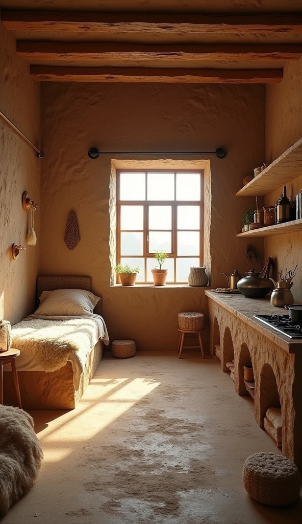 a backdrop for a stage set, this is inside a rustic house, on the right is the stone kitchen, pot and utensils and to the left in the same room is the bed and above a window, in horizontal format, that the mud walls can be seen, with nothing on the wall and thick sheepskin blankets
