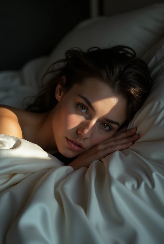 Young European woman with fair skin, lying on a bed, wrapped in silk sheets, only your face showing, with a deep and mysterious look that invites curiosity.