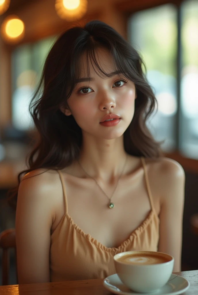 (16K, highres, absurdresmasterpiece, best quality, ultra detailed, exquisite, beautiful), delicate facial features, beautiful japanese idol, late teens, 19year old, woman, in the cafe, coffee cup, looking at viewer, realistic portrait, raw photo, ultra realistic photo, upper body, front view, golden ratio, cinematic lighting, in focus with blurred background,