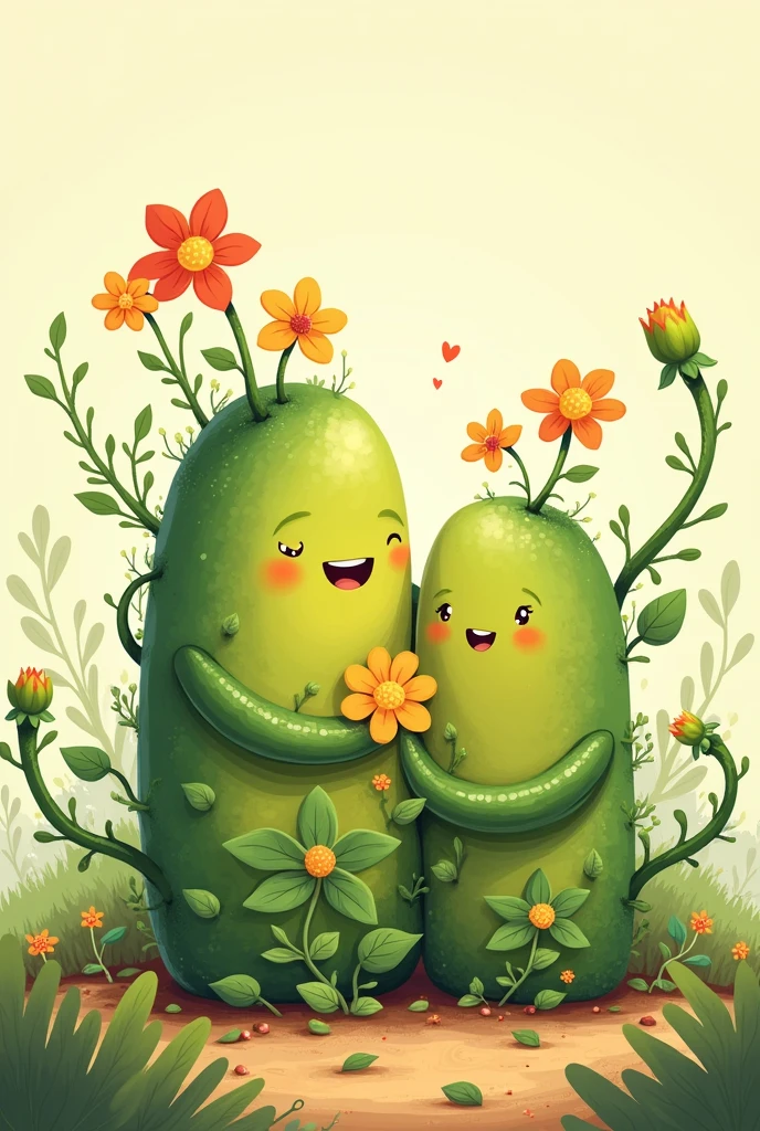 strong plants taking care of weak plants, cute drawing style for children