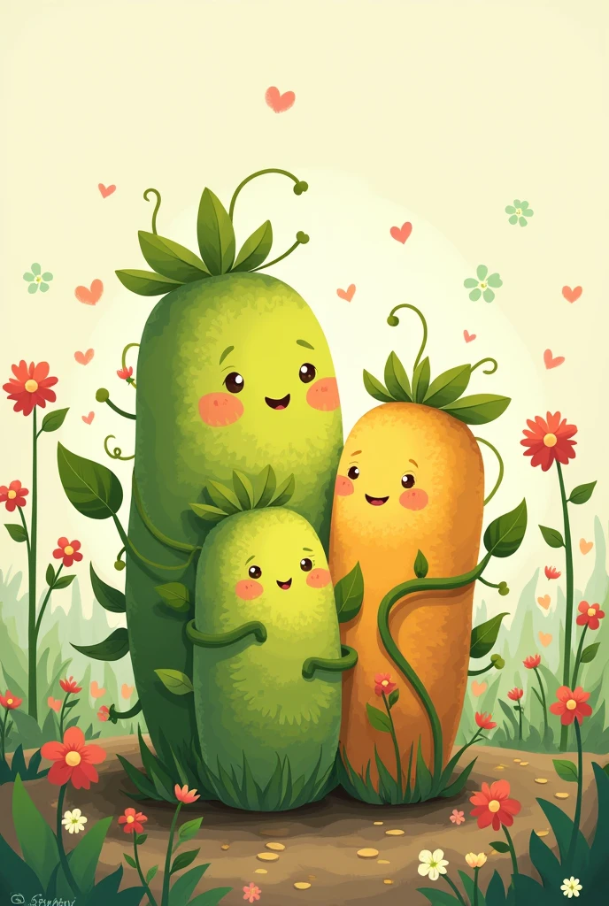strong plants taking care of weak plants, cute drawing style for children
