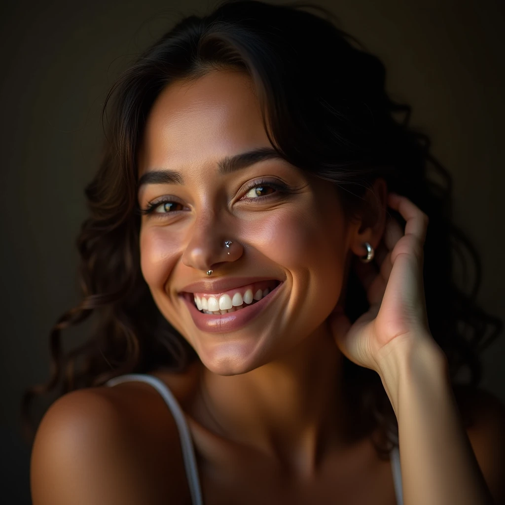 un portrait photographique d&#39;Une belle femme, (heureux), (sourire), (face portrait:1.5), lumière dramatique, (hyperréalisme:1.2), (8k euh:1.2), tourné avec Canon EOS 5D Mark IV, Visage détaillé, cheveux détaillés, differente positions avec la main dans les cheveux, petit piercing anneau dans la narine droite. Cheveux attaches, hispanique