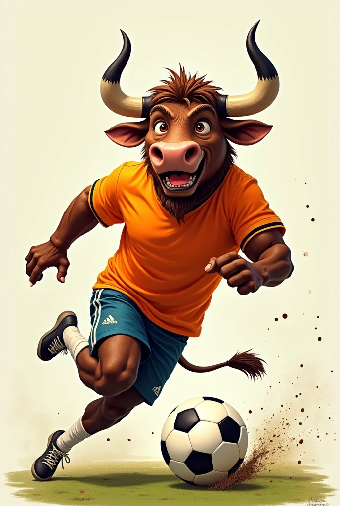 Animated cheerful muscular adult bull kicking soccer ball with, orange sports uniform in profile