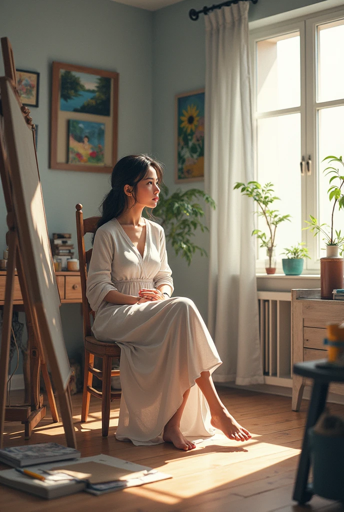 (Mousumi sitting in her spacious, modern studio, looking contemplative as she gazes at her art and success.
She decided to create a special series of paintings dedicated to her friends.