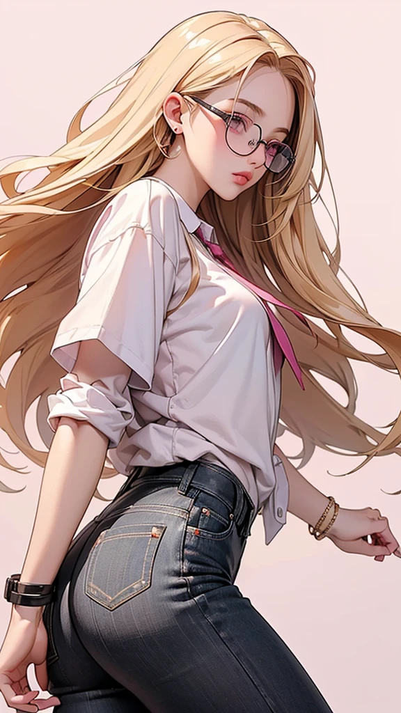 One Girl(High resolution, masterpiece, accurate, Anatomically correct), ((intellectual、Wearing glasses、Dancing))、(Two-tone golden hair、Pink eyes)、(Streetwear fashion)((Park during the day))Highest quality, Ultra high definition, High-resolution model, Side view、Face close-up