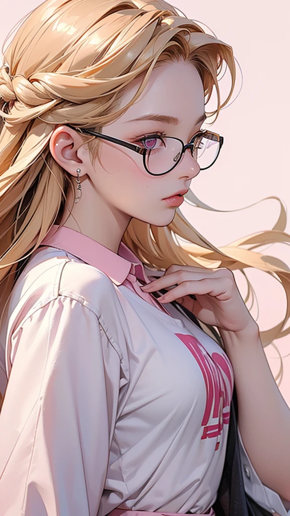 One Girl(High resolution, masterpiece, accurate, Anatomically correct), ((intellectual、Wearing glasses、Dancing))、(Two-tone golden hair、Pink eyes)、(Streetwear fashion)((Park during the day))Highest quality, Ultra high definition, High-resolution model, Side view、Face close-up