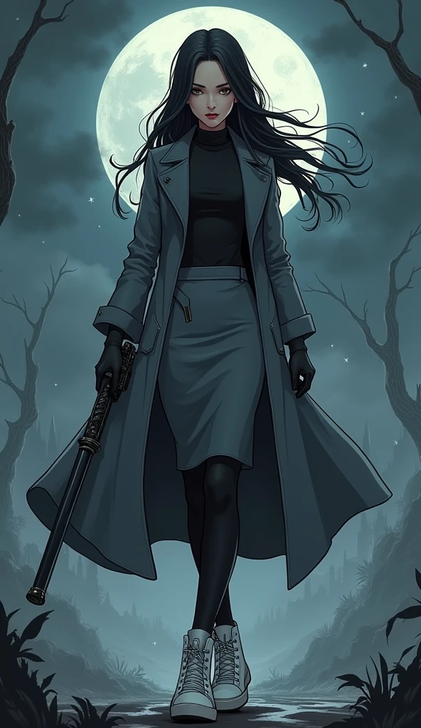 The one girl, long black hairs, yuri, Vampire Hunters.
The girl wear a grey long coat, black shirt, grey pencil skirt, black underpants, black tights, black gloves, white sneakers high top, holding a one pistol gun, pointing a gun.
black grey sky, fantastic night sky, moon, cartoon novel, 4K, HD