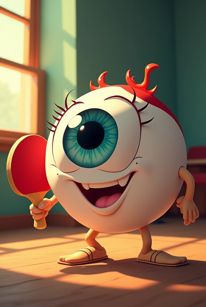 Disney-style animated logo of an eye with a table tennis racket