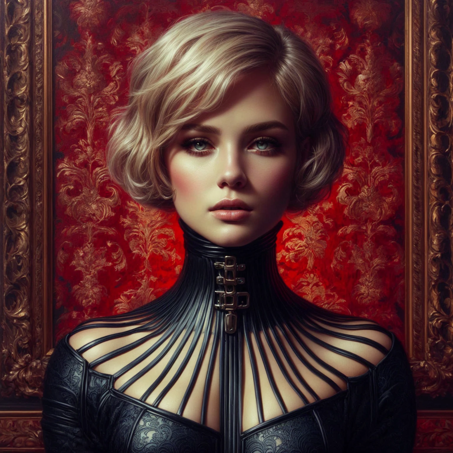Stunning woman with short hair, 1920s hairstyle, honey highlights hair in sexy low cut leather outfit. Soft candle lighting. Close up face shot