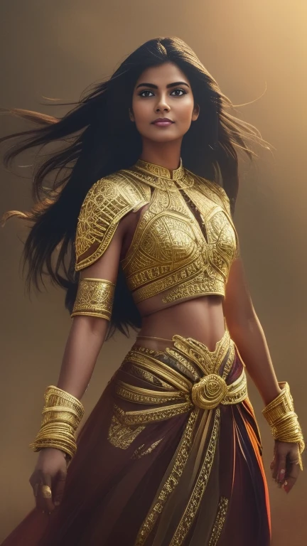 A beautiful Indian woman superhero, long dark hair, piercing eyes, high cheekbones, detailed facial features, intricate body armor with gold accents, holding a golden lasso, flying through the sky, dramatic lighting, cinematic composition, vibrant colors, epic fantasy, concept art style