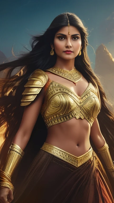 A beautiful Indian woman superhero, long dark hair, piercing eyes, high cheekbones, detailed facial features, intricate body armor with gold accents, holding a golden lasso, flying through the sky, dramatic lighting, cinematic composition, vibrant colors, epic fantasy, concept art style