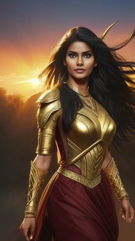 A beautiful Indian woman superhero, long dark hair, piercing eyes, high cheekbones, big breast, detailed facial features, intricate body armor with gold accents, holding a golden lasso, flying through the sky, dramatic lighting, cinematic composition, vibrant colors, epic fantasy, concept art style