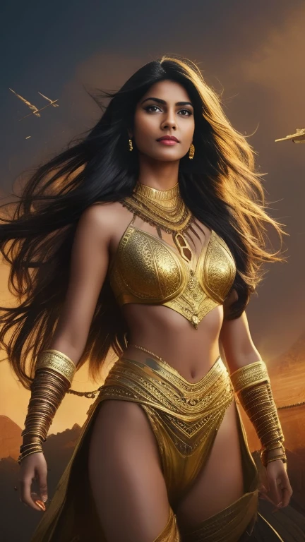 A beautiful Indian woman superhero, long dark hair, piercing eyes, high cheekbones, detailed facial features, intricate body armor with gold accents, holding a golden lasso, flying through the sky, dramatic lighting, cinematic composition, vibrant colors, epic fantasy, concept art style